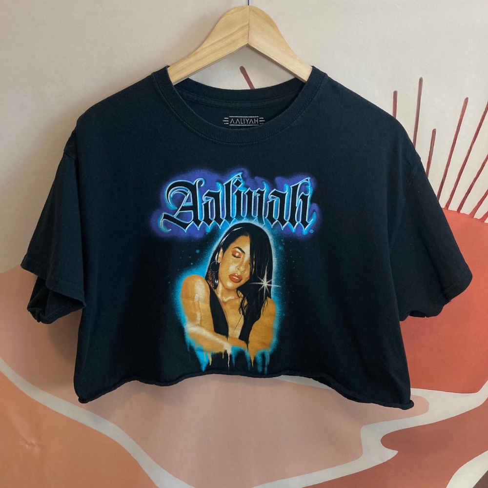 Aaliyah Graphic Crop Top Black Cotton‎ Short Sleeve Women's M L Hip Hop R&B 90s